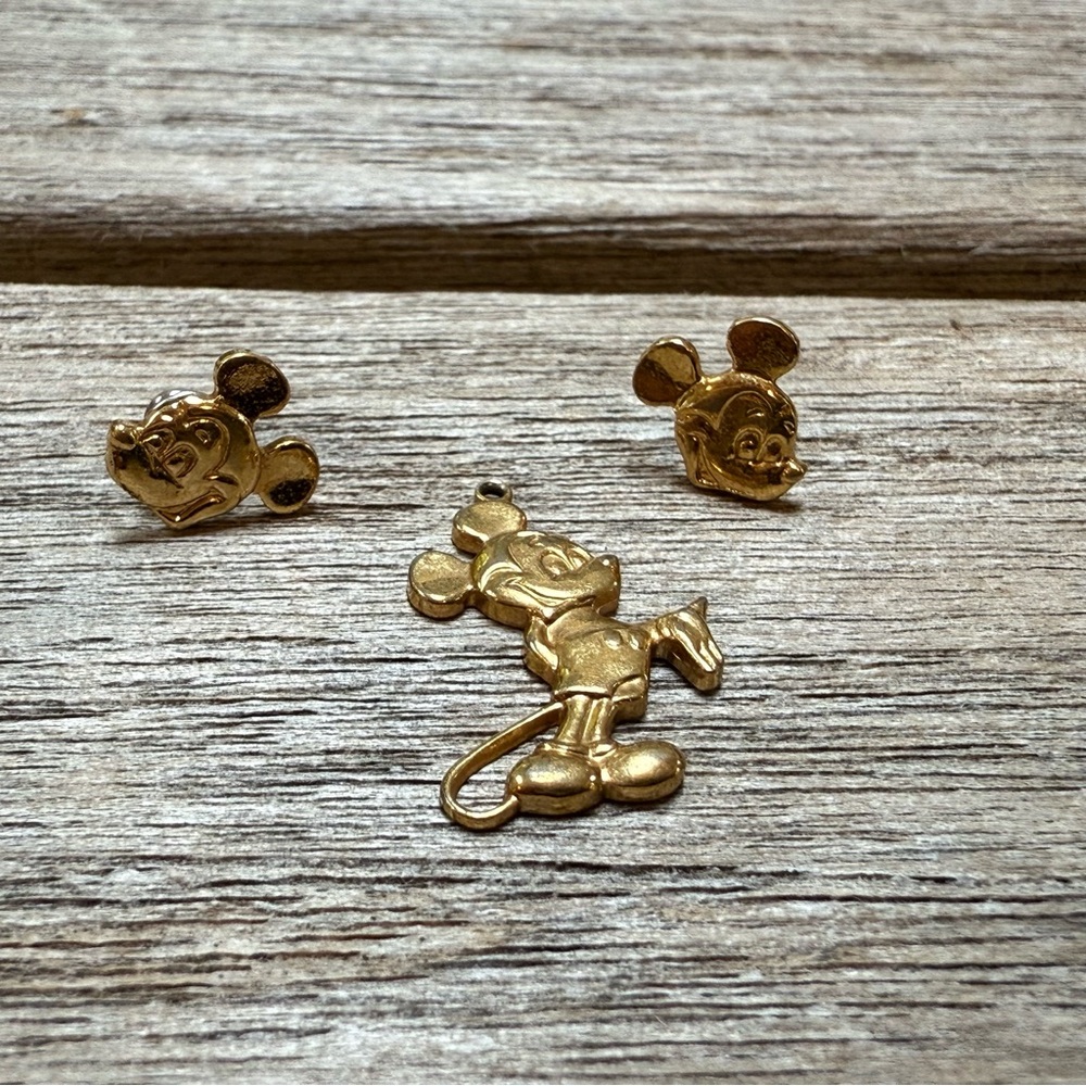 Gold Mickey Mouse Earrings and Pendant Set